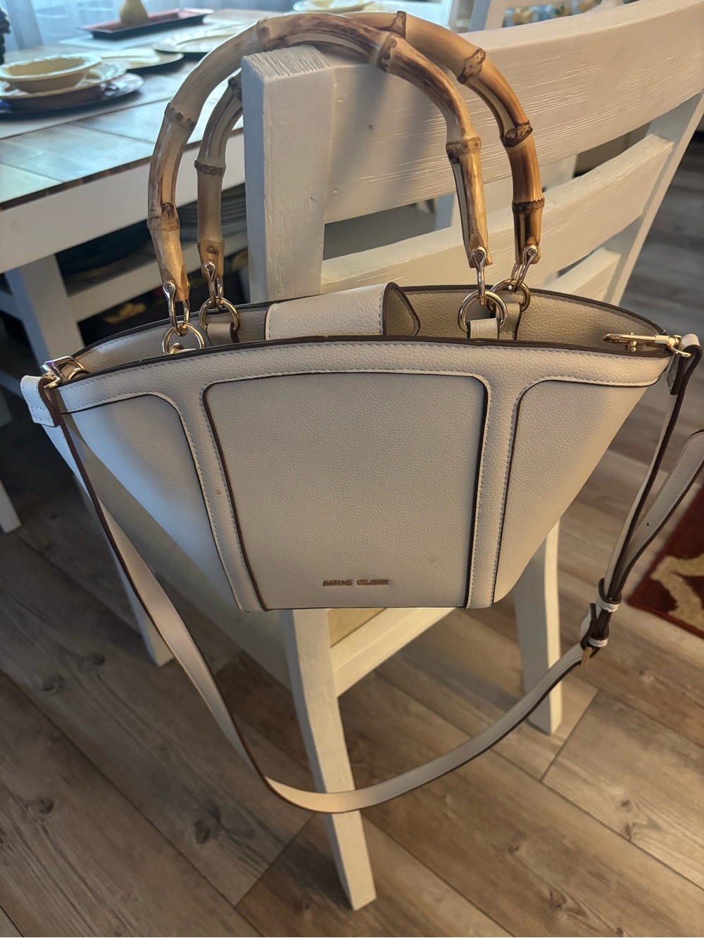 Anne Klein Cream Crossbody Tote with Bamboo Handles
